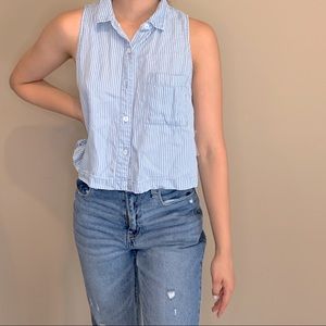 Blue and white striped top with buttons